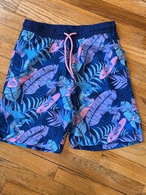Tropical Surf Print Swim Trunks - Navy, Pink & Teal